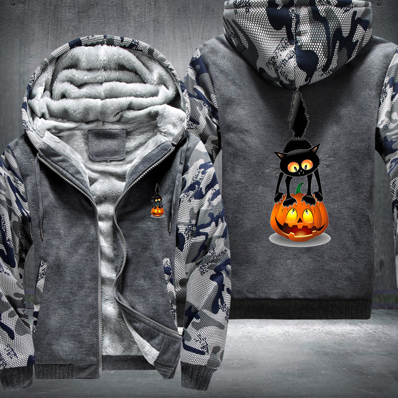 Halloween Black Cat and Scary Pumpkin Fleece Hoodies Jacket