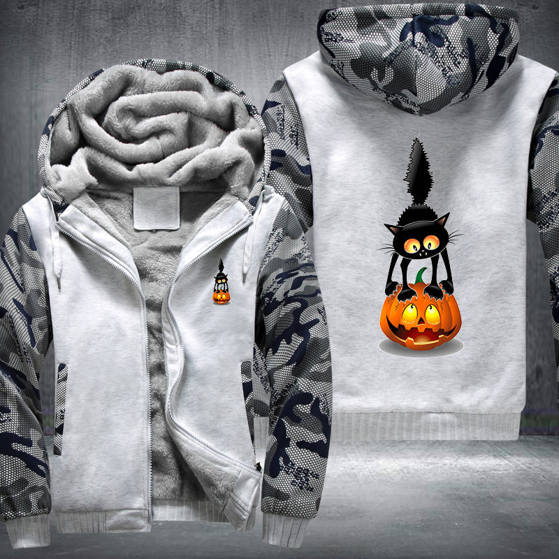 Halloween Black Cat and Scary Pumpkin Fleece Hoodies Jacket
