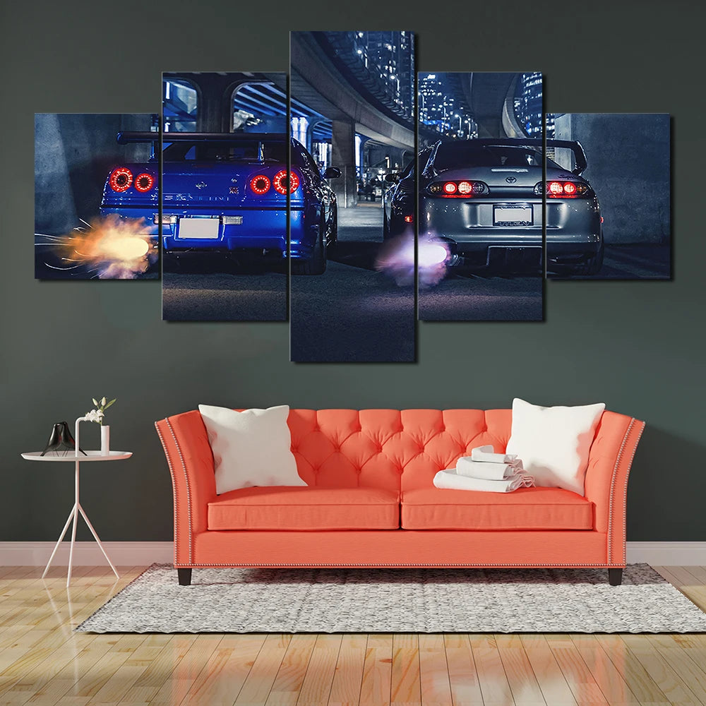 GTR R34 VS Supra Vehicle Car 5 Panels Painting Canvas Wall Decoration