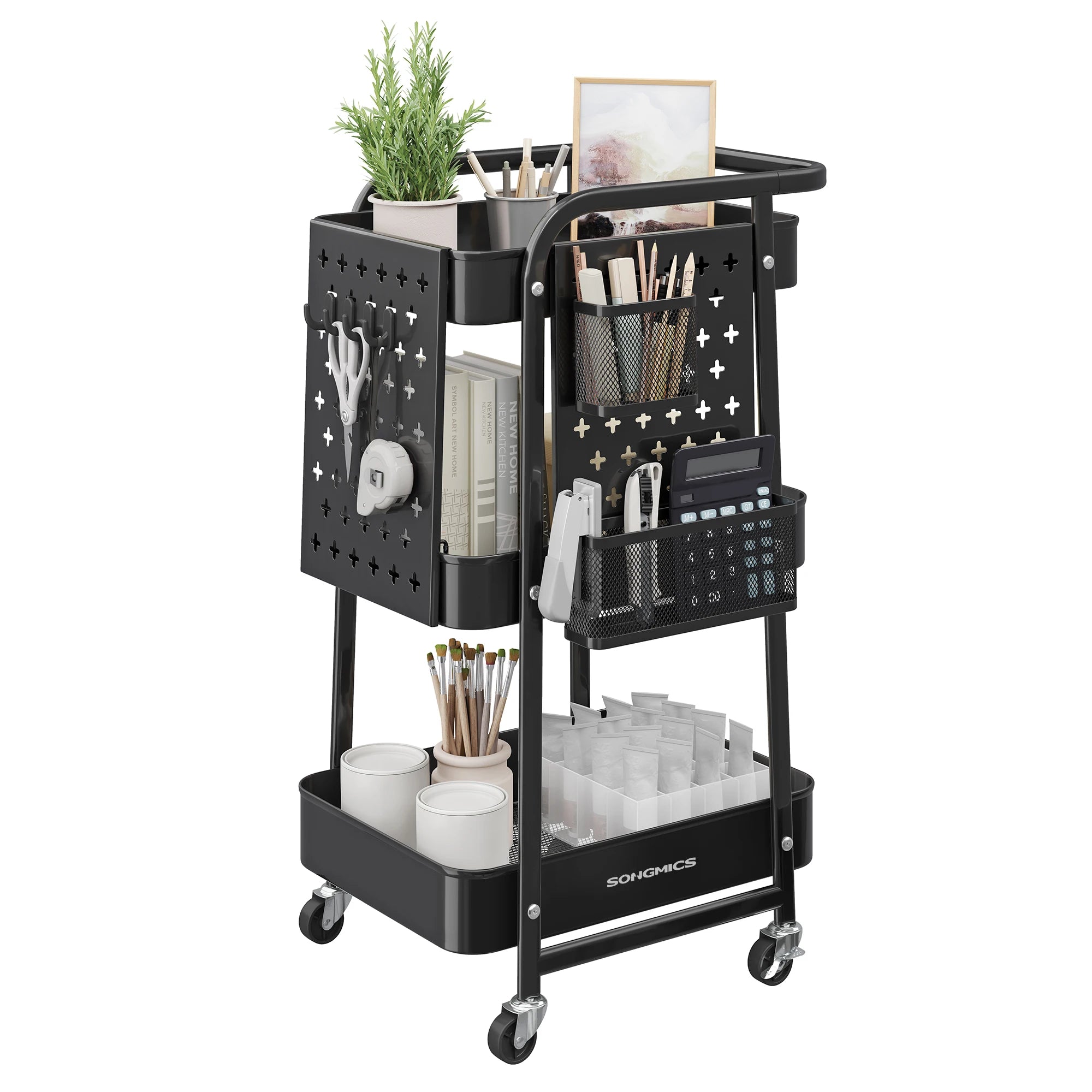 3-Tier Rolling Utility Cart with Pegboards & Hooks – Metal Mesh Storage Organizer