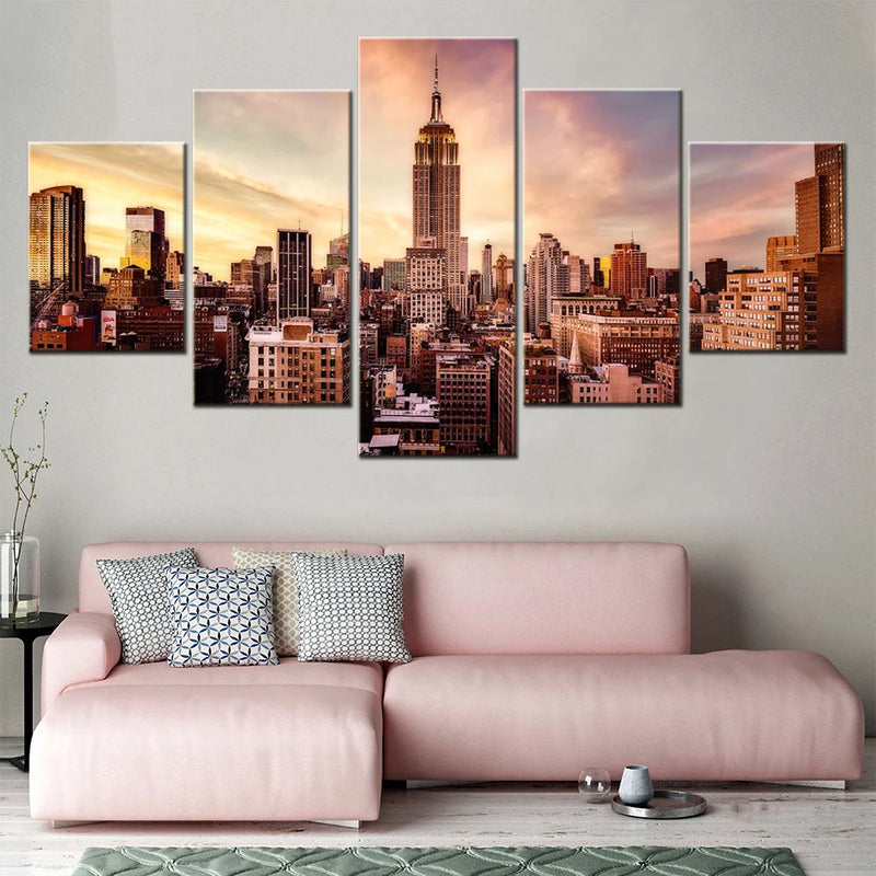 Cityscapes Midtown Sunset 5 Panels Painting Canvas Wall Decoration