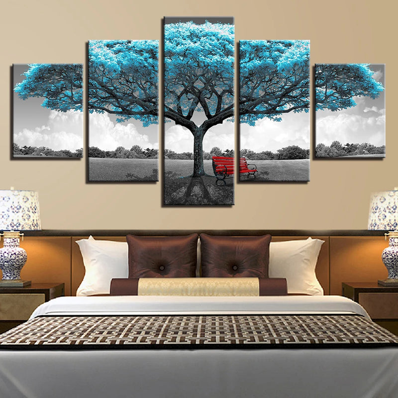 Abatract Blue Tree Landscape 5 Panels Painting Canvas Wall Decoration