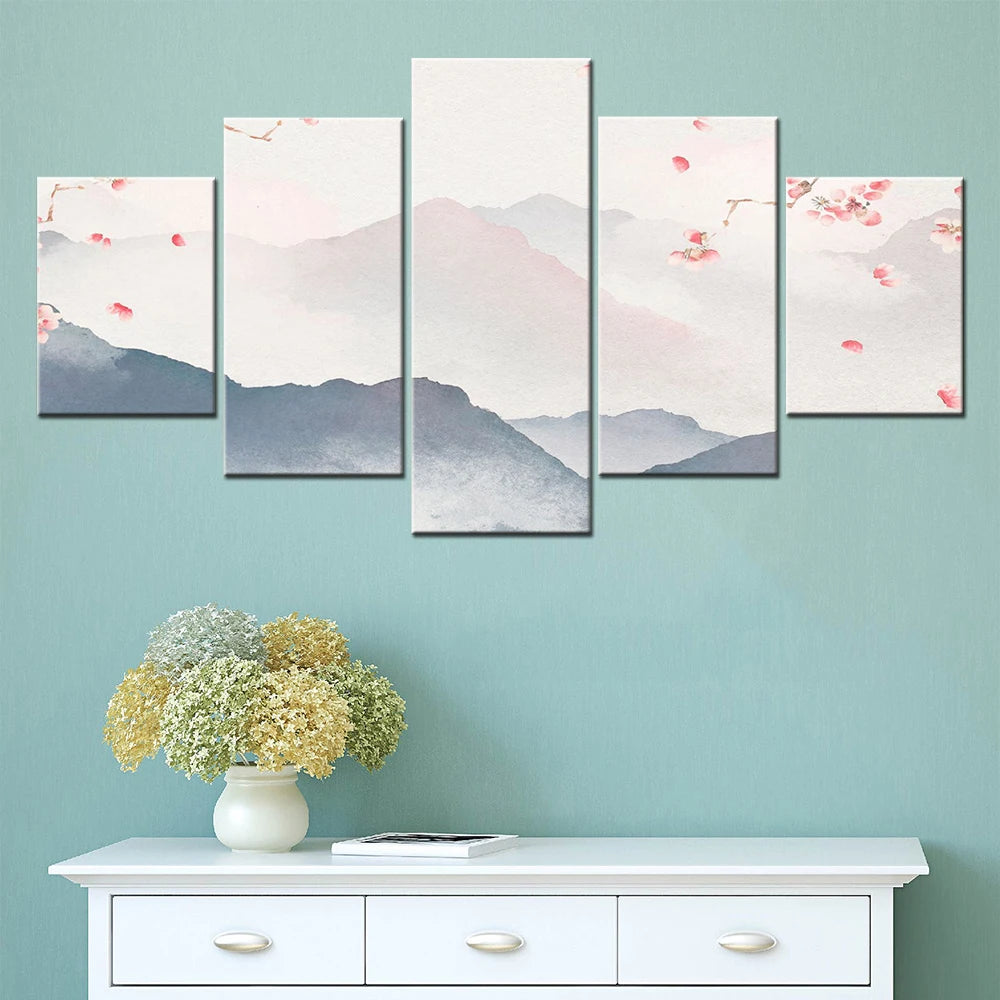 Hazy Hills Cherry Trees 5 Panels Painting Canvas Wall Decoration