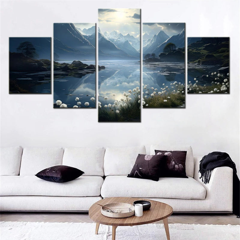 Nature Alpine lake Moonlight 5 Panels Painting Canvas Wall Decoration