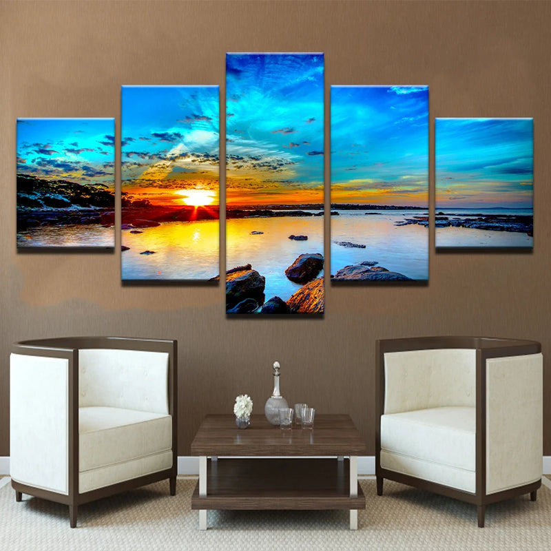 Blue Sky Seaside Sunrise Sea 5 Panels Painting Canvas Wall Decoration