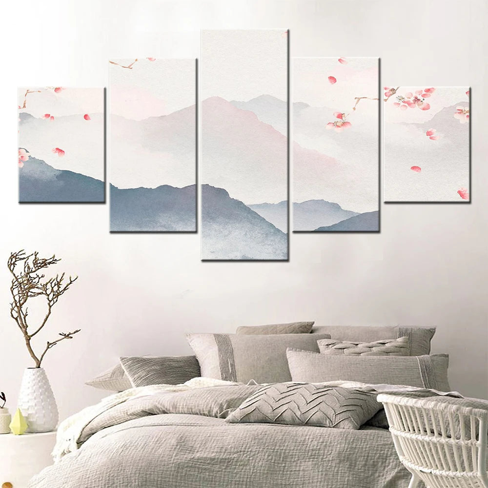 Hazy Hills Cherry Trees 5 Panels Painting Canvas Wall Decoration