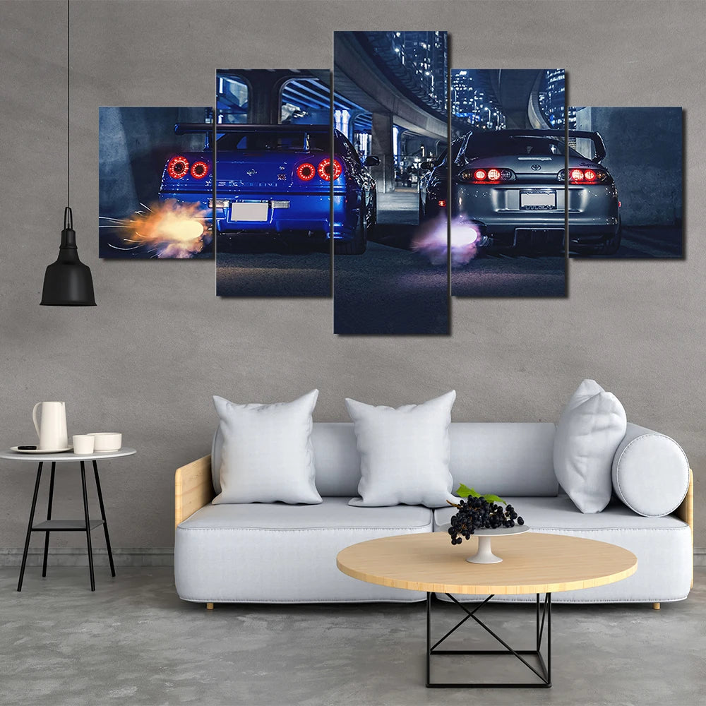 GTR R34 VS Supra Vehicle Car 5 Panels Painting Canvas Wall Decoration