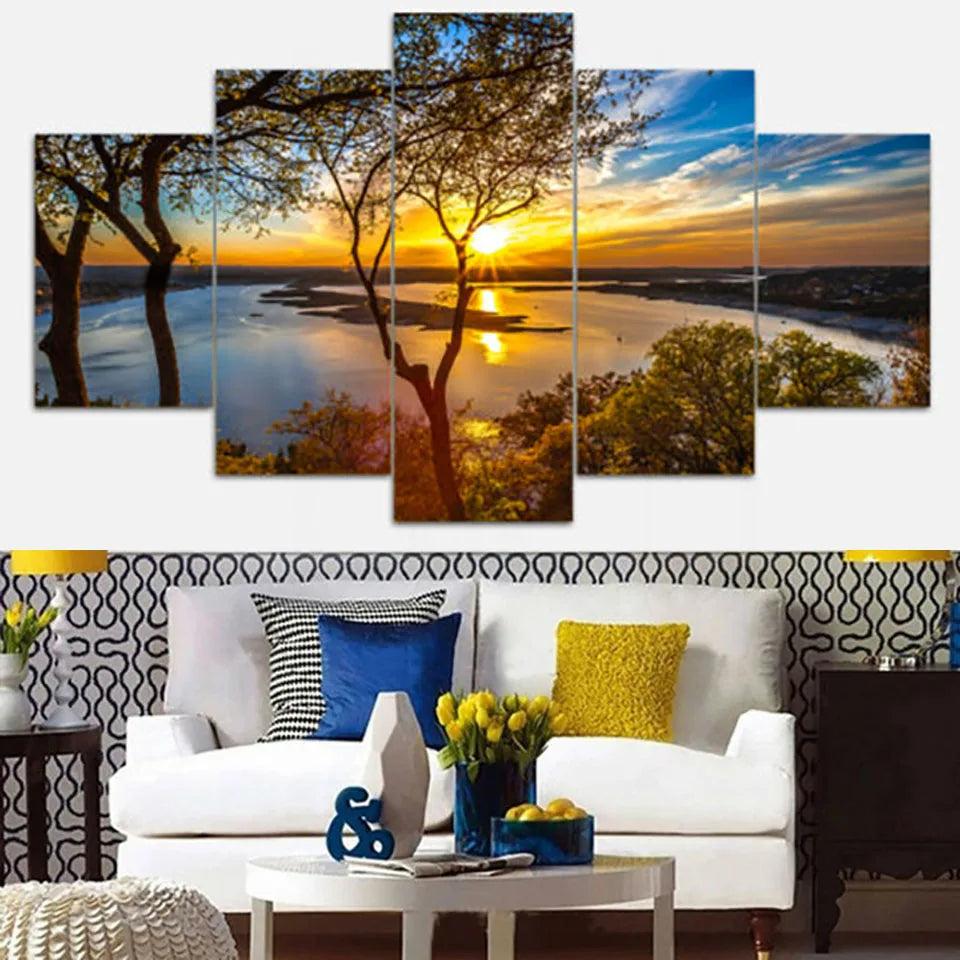 Lake Sun Trees Framed 5 Panels Painting Canvas Wall Decoration