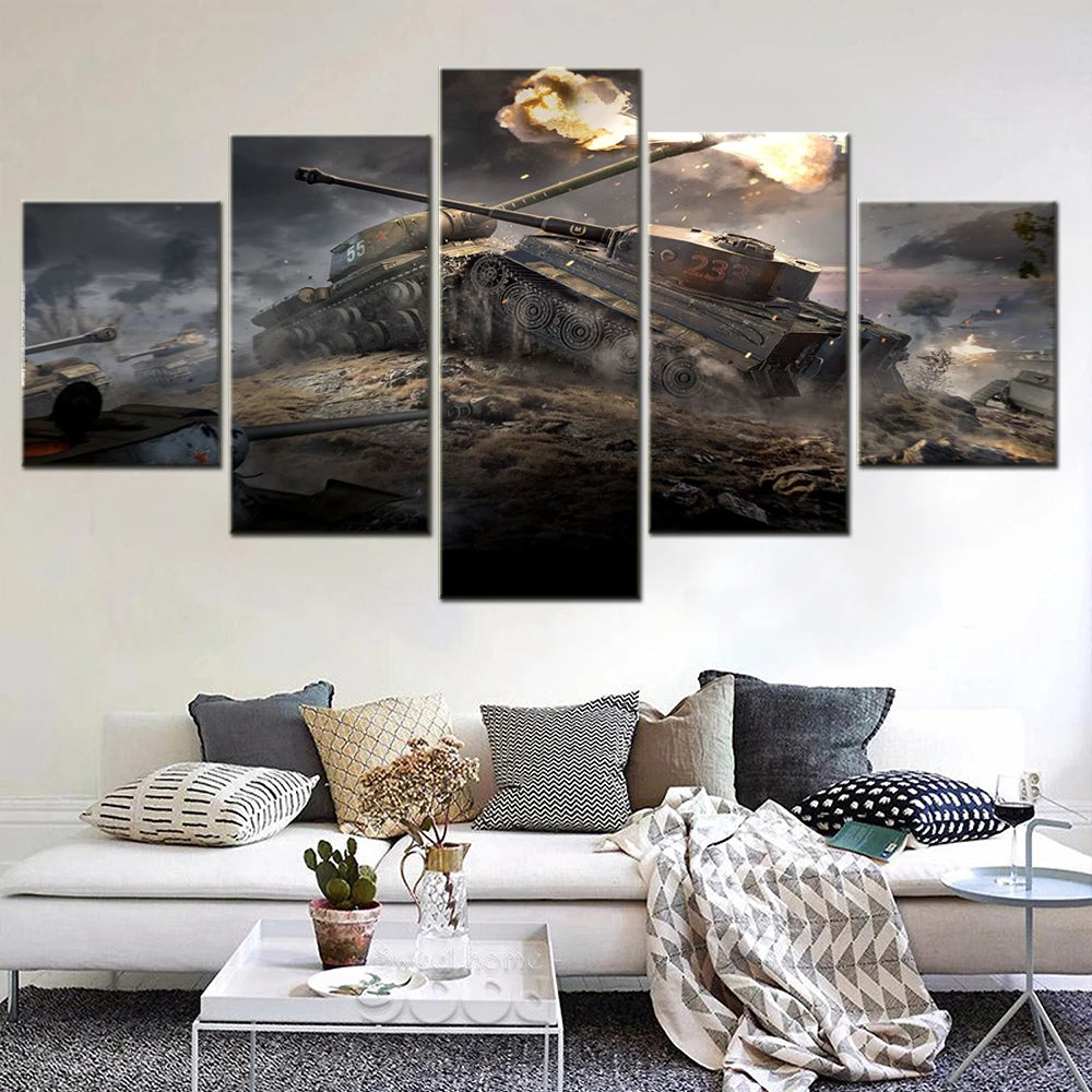 Tanks In Action Close Combat IS VS Tiger 5 Panels Painting Canvas Wall Decoration