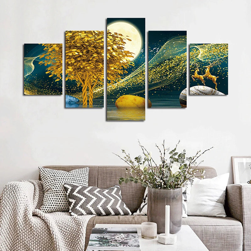 Gloden Tree 5 Panels Painting Canvas Wall Decoration