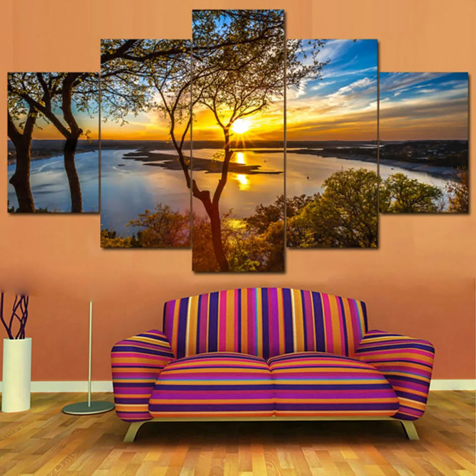 Lake Sun Trees Framed 5 Panels Painting Canvas Wall Decoration