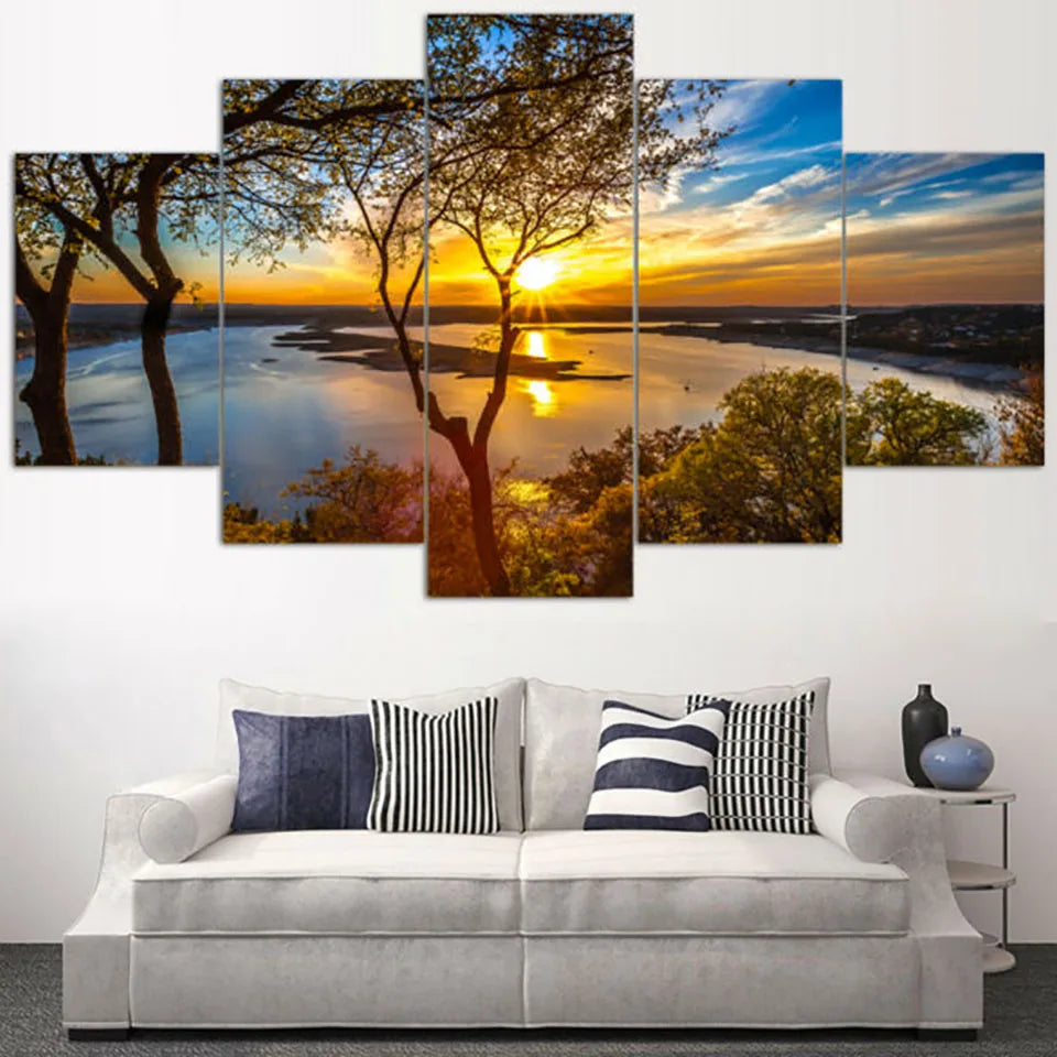 Lake Sun Trees Framed 5 Panels Painting Canvas Wall Decoration