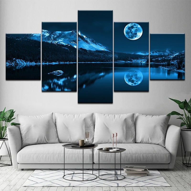 Blue Moon Night Scene 5 Panels Painting Canvas Wall Decoration