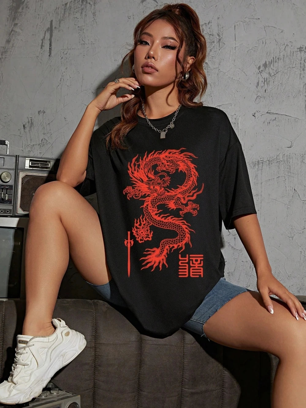 Chinese Loong Meets Oracle Funny Graphic Women T-Shirt