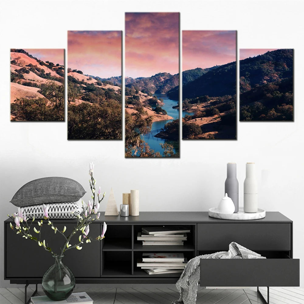 Nature Sunset Valley 5 Panels Painting Canvas Wall Decoration