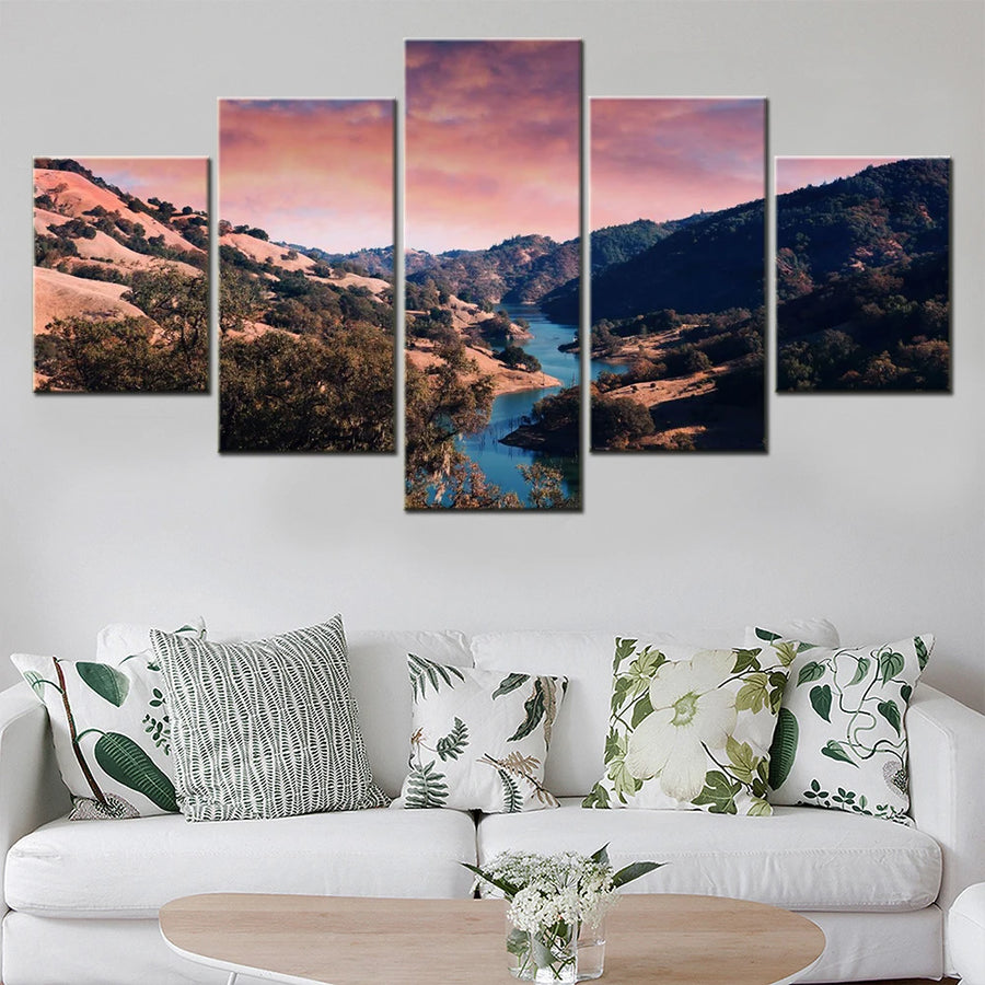 Nature Sunset Valley 5 Panels Painting Canvas Wall Decoration