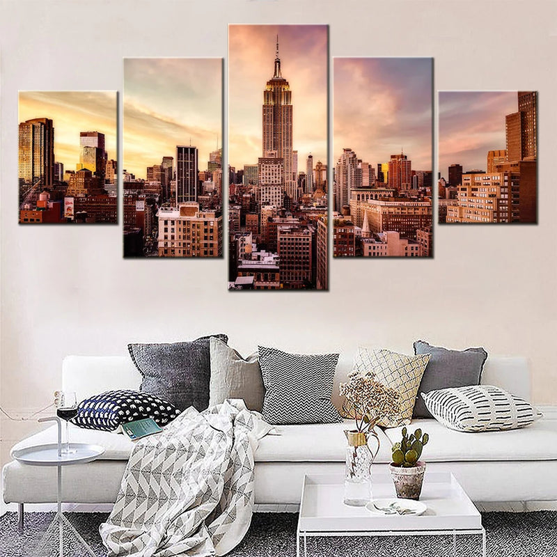 Cityscapes Midtown Sunset 5 Panels Painting Canvas Wall Decoration