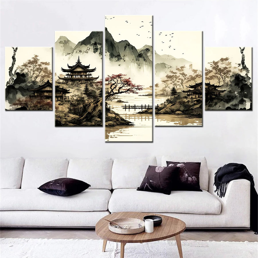 Vintage Japan Landscape 5 Panels Painting Canvas Wall Decoration