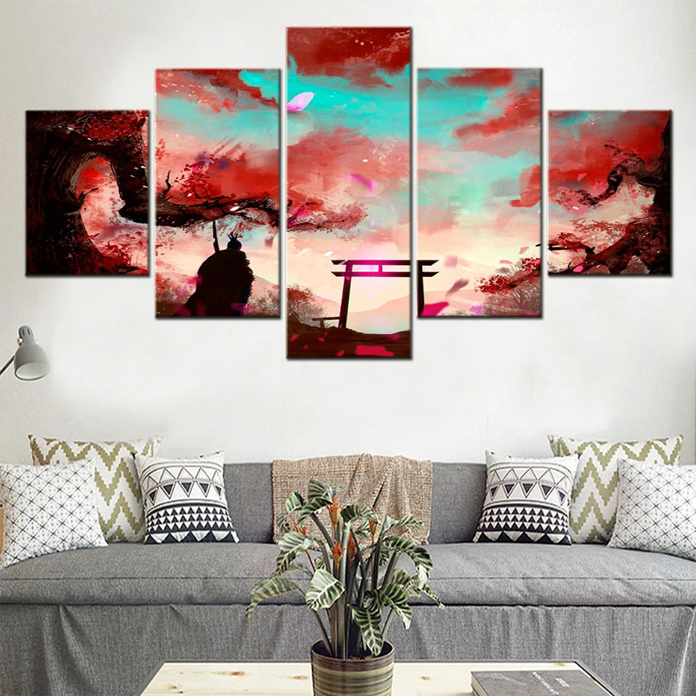 Samurai Sakura Torii 5 Panels Painting Canvas Wall Decoration