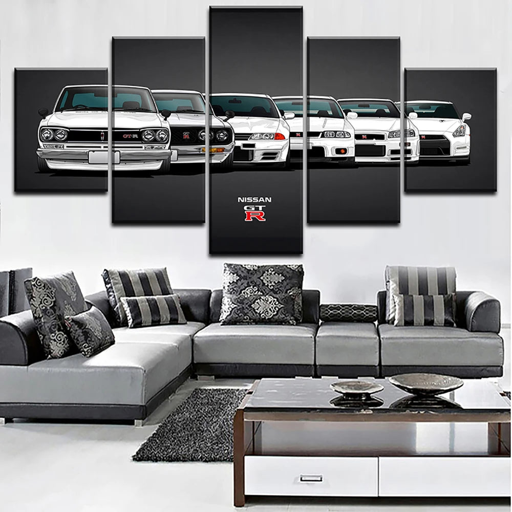 Nissan GTR Car 5 Panels Painting Canvas Wall Decoration