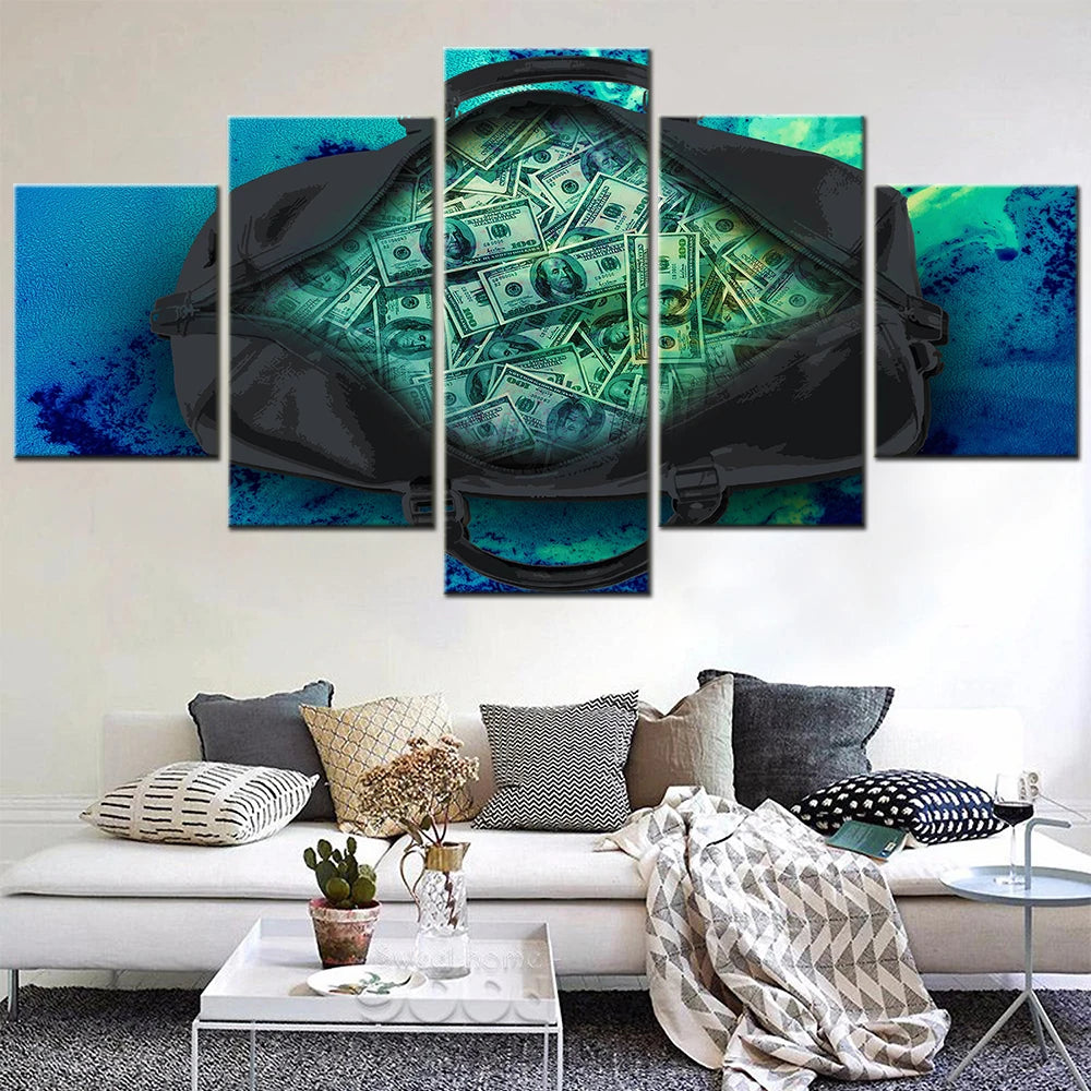 Colorful Bag of Dollars 5 Panels Painting Canvas Wall Decoration