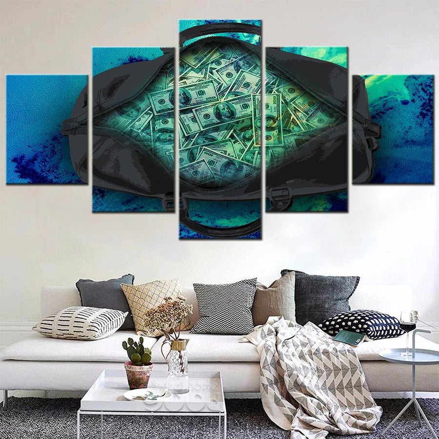 Colorful Bag of Dollars 5 Panels Painting Canvas Wall Decoration