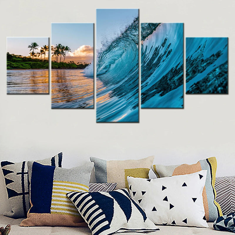 Nature Ocean Waves Palm Trees 5 Panels Painting Canvas Wall Decoration