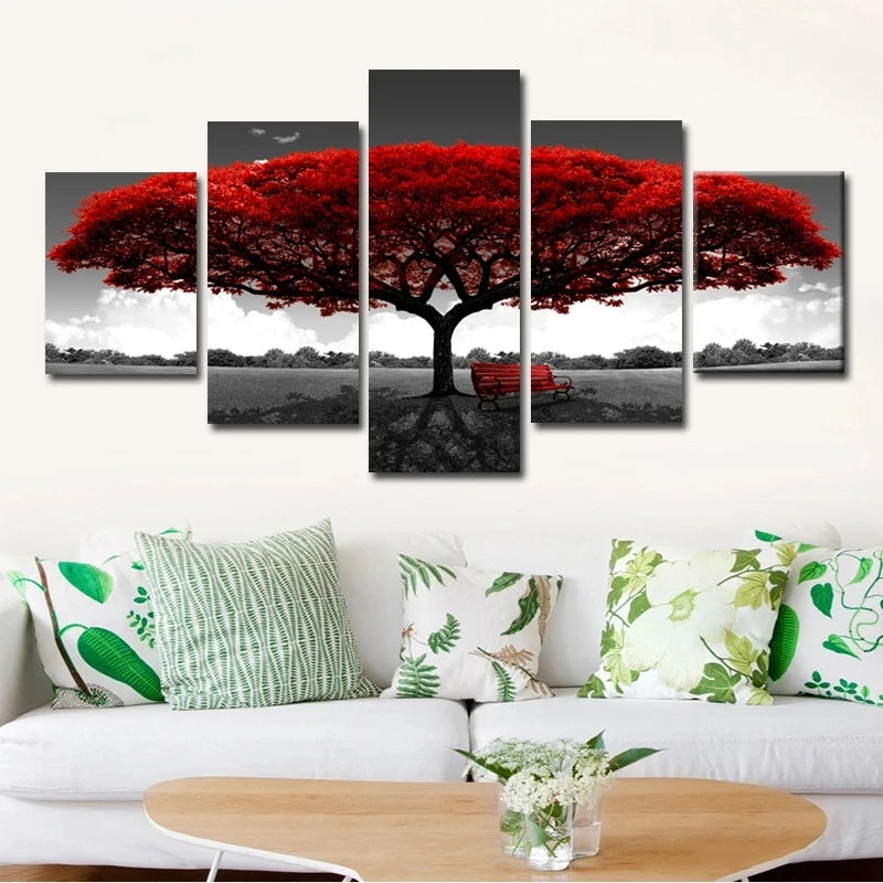 Abstrac Red Tree 5 Panels Painting Canvas Wall Decoration