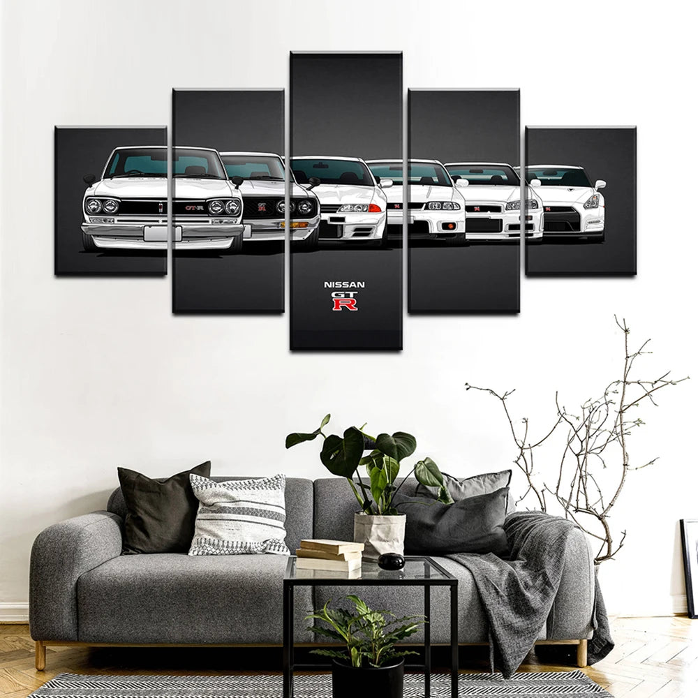 Nissan GTR Car 5 Panels Painting Canvas Wall Decoration