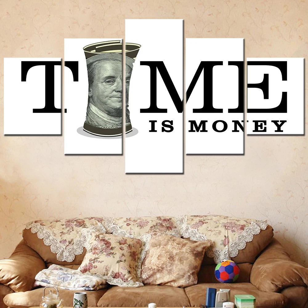 Time Is Money US Dollars 5 Panels Painting Canvas Wall Decoration
