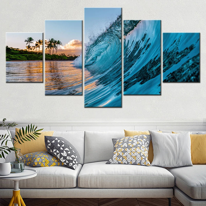 Nature Ocean Waves Palm Trees 5 Panels Painting Canvas Wall Decoration