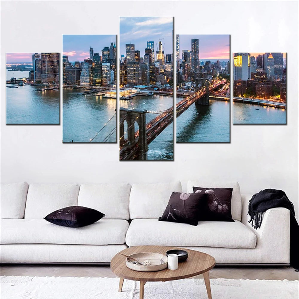 Cityscapes New York Skyline at Sunset 5 Panels Painting Canvas Wall Decoration