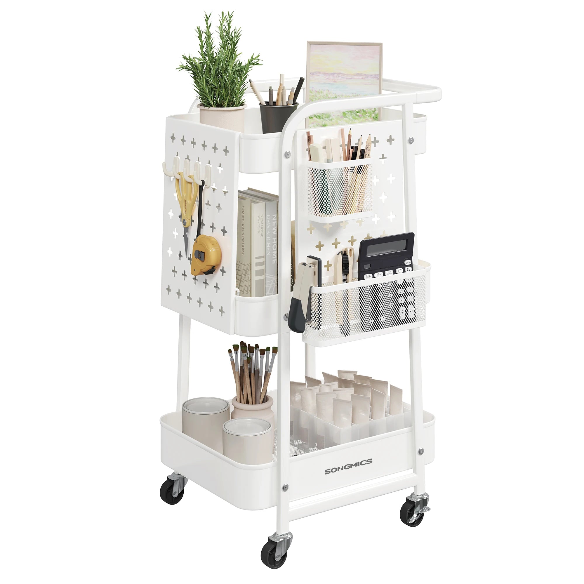 3-Tier Rolling Utility Cart with Pegboards & Hooks – Metal Mesh Storage Organizer