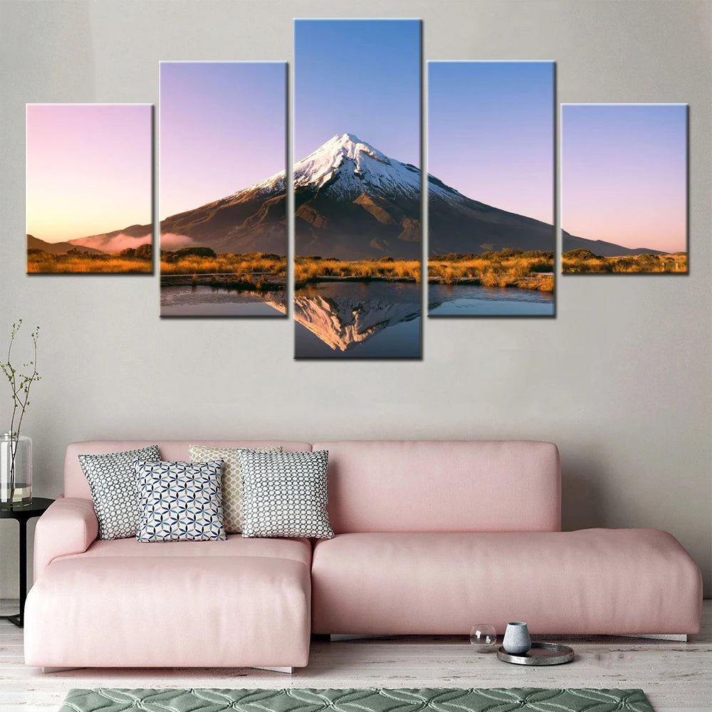 Mount At Lake Nature 5 Panels Painting Canvas Wall Decoration