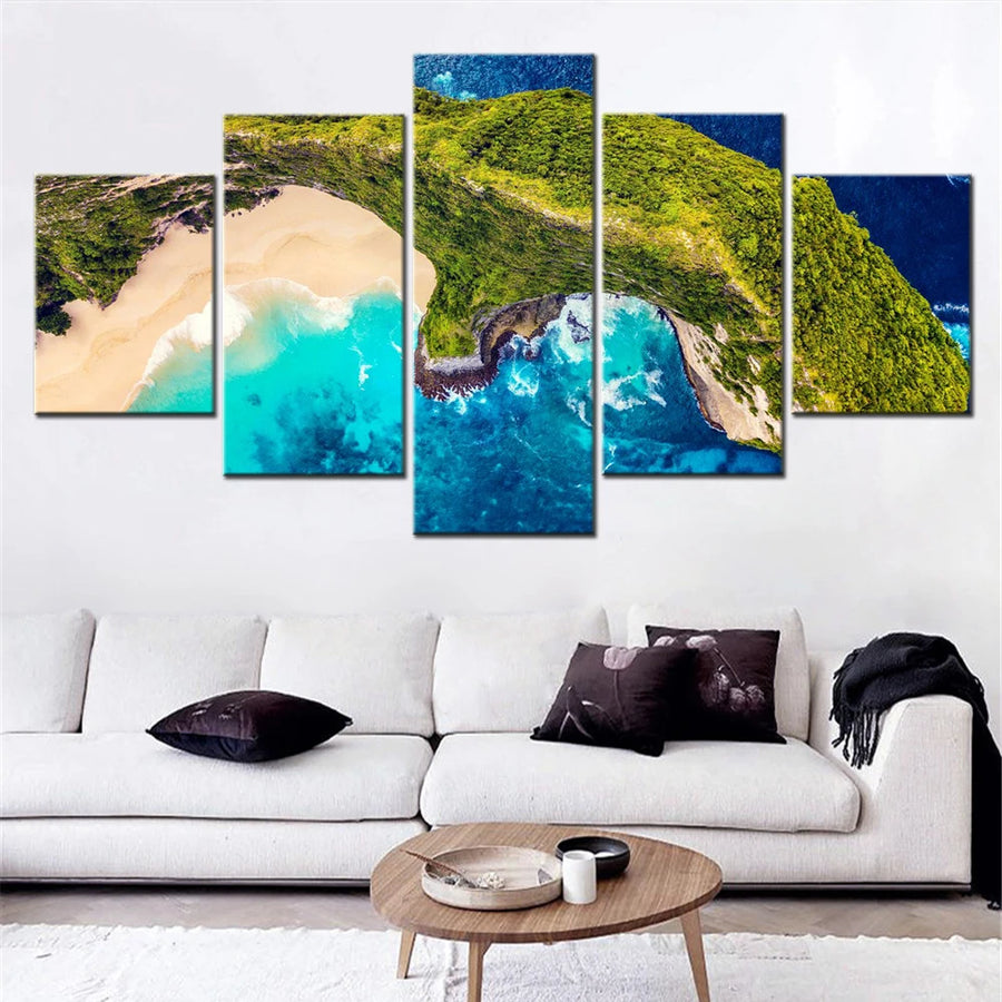 Nature Kelingking Beach Aerial View 5 Panels Painting Canvas Wall Decoration