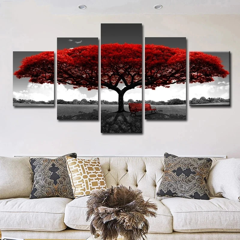Abstrac Red Tree 5 Panels Painting Canvas Wall Decoration