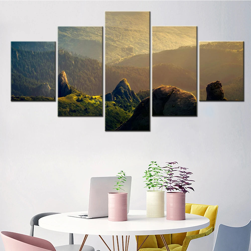 Nature Mountains Green Landscape 5 Panels Painting Canvas Wall Decoration