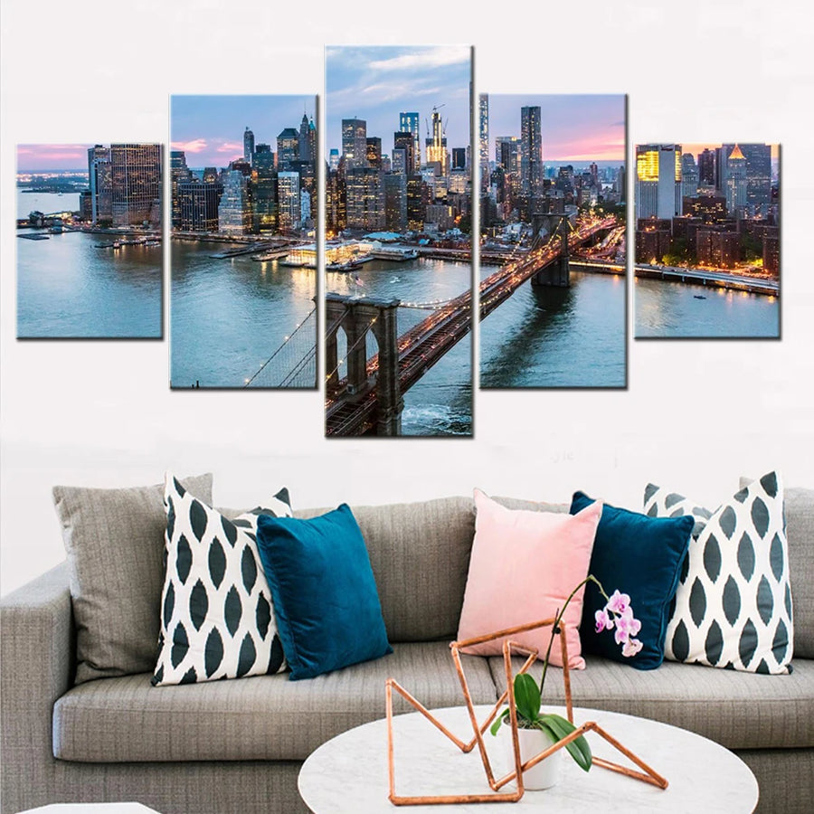 Cityscapes New York Skyline at Sunset 5 Panels Painting Canvas Wall Decoration