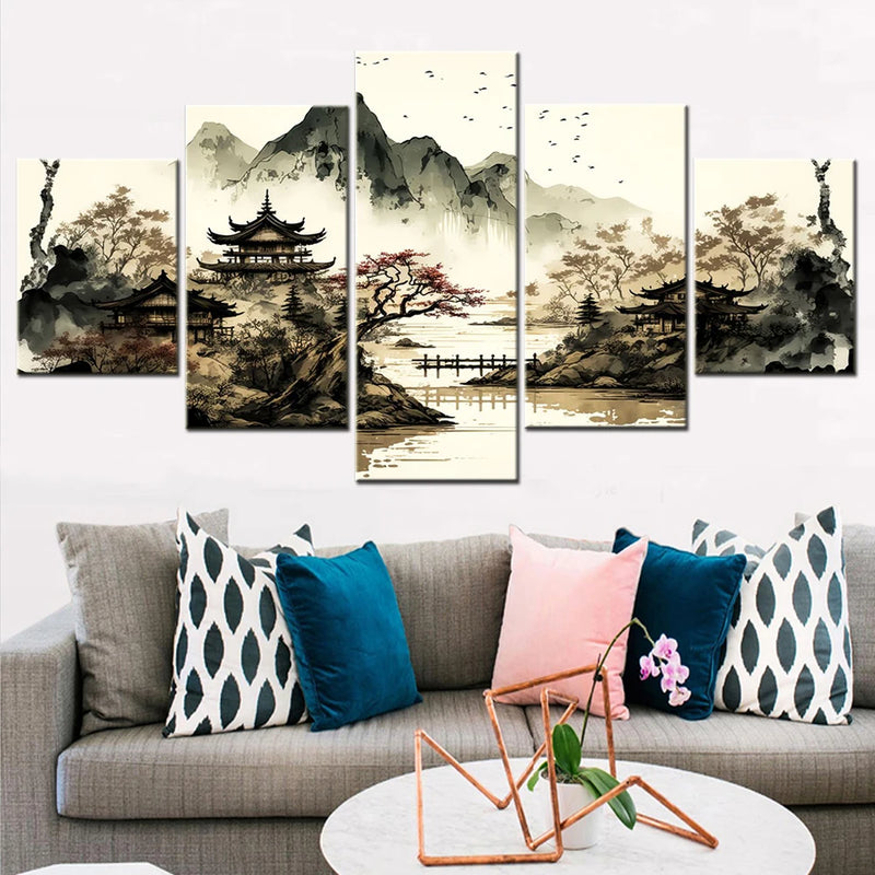 Vintage Japan Landscape 5 Panels Painting Canvas Wall Decoration