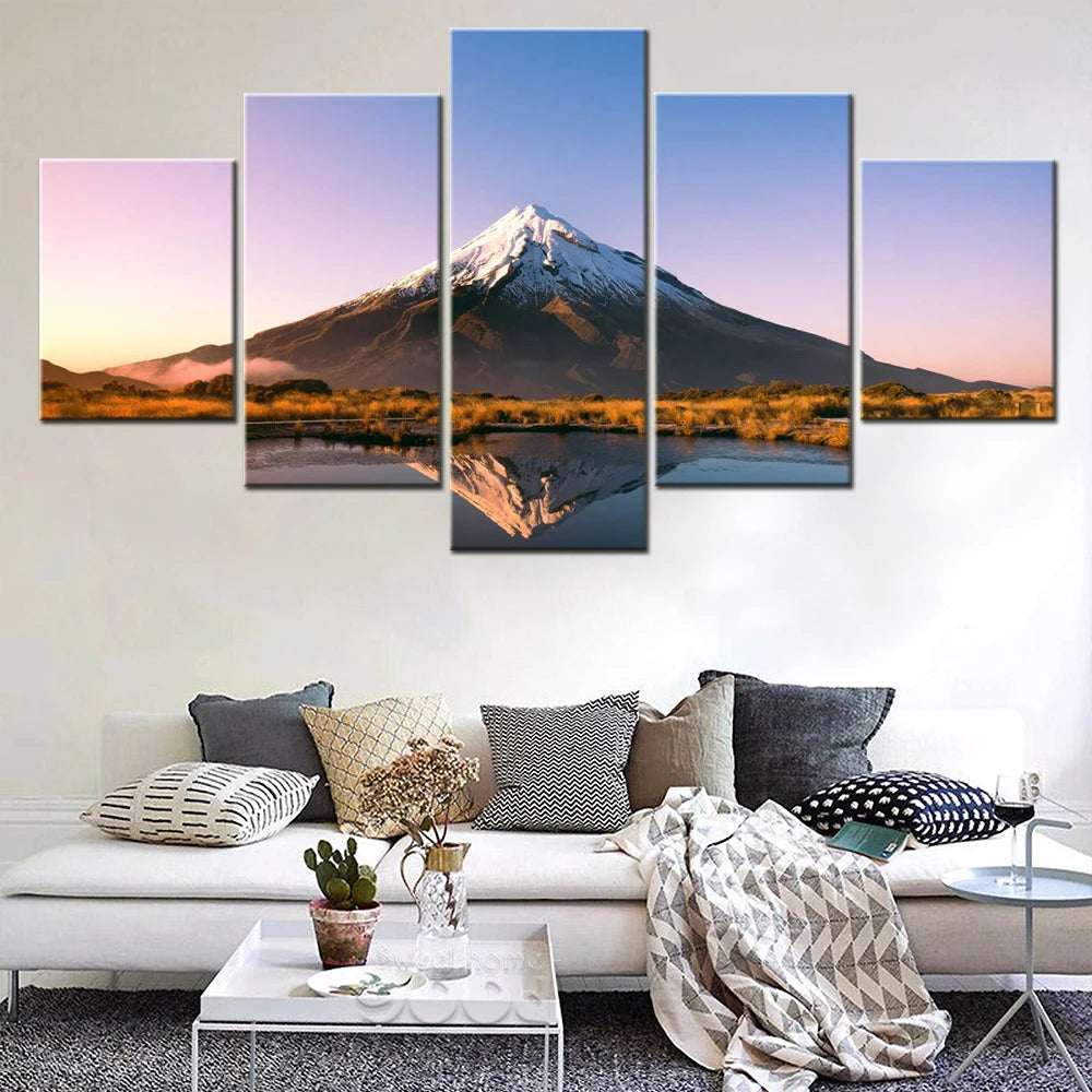 Mount At Lake Nature 5 Panels Painting Canvas Wall Decoration