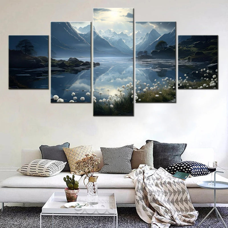 Nature Alpine lake Moonlight 5 Panels Painting Canvas Wall Decoration