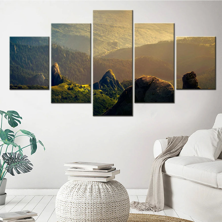 Nature Mountains Green Landscape 5 Panels Painting Canvas Wall Decoration