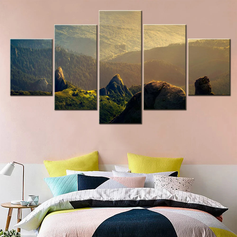 Nature Mountains Green Landscape 5 Panels Painting Canvas Wall Decoration