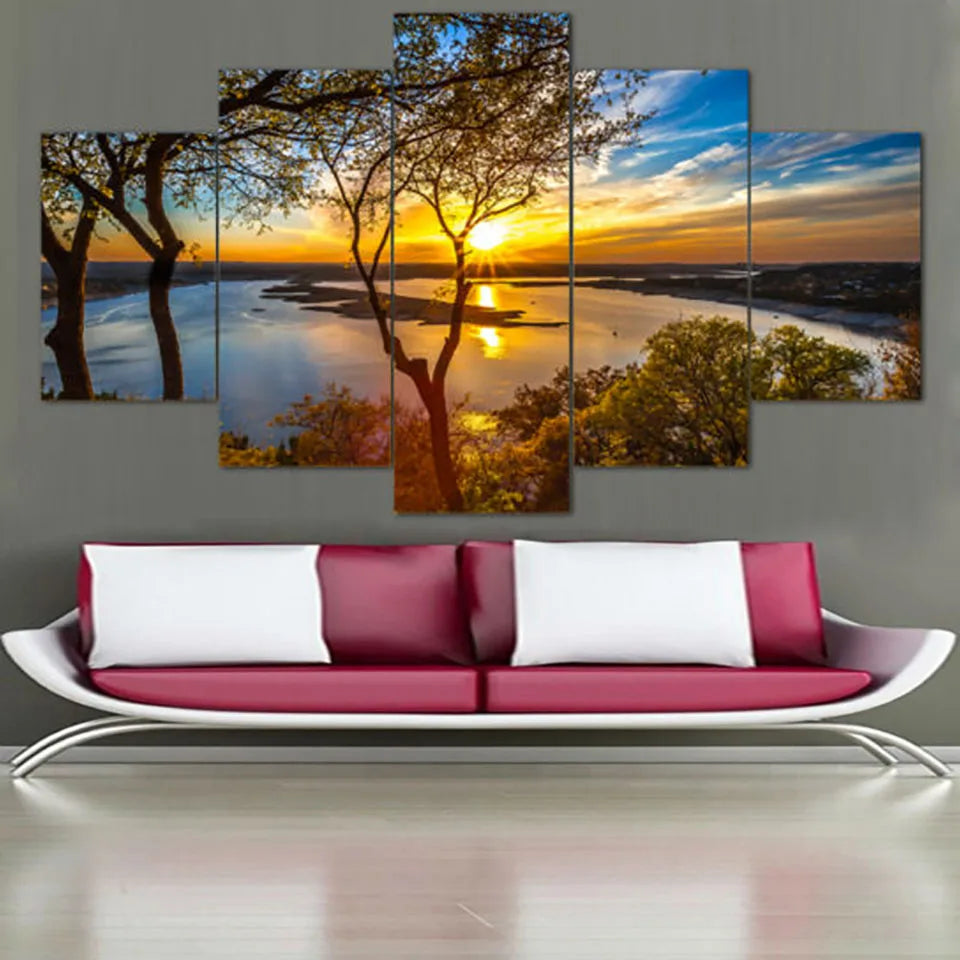 Lake Sun Trees Framed 5 Panels Painting Canvas Wall Decoration