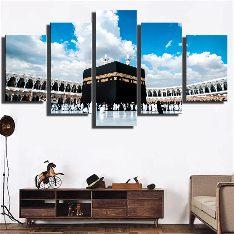 Islamic Religious Hajj Round 5 Panels Painting Canvas Wall Decoration