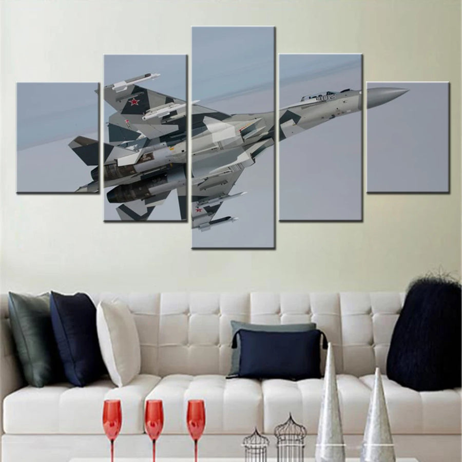 Jet Fighter Sukhoi Su 27 Russian Air Force 5 Panels Painting Canvas Wall Decoration