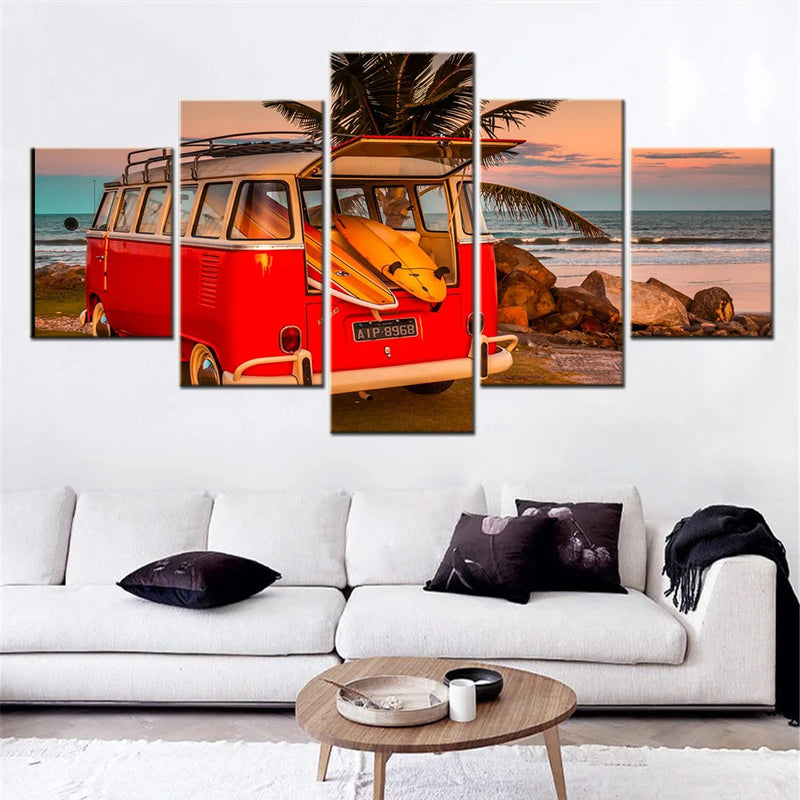 Surf Van Red Car 5 Panels Painting Canvas Wall Decoration