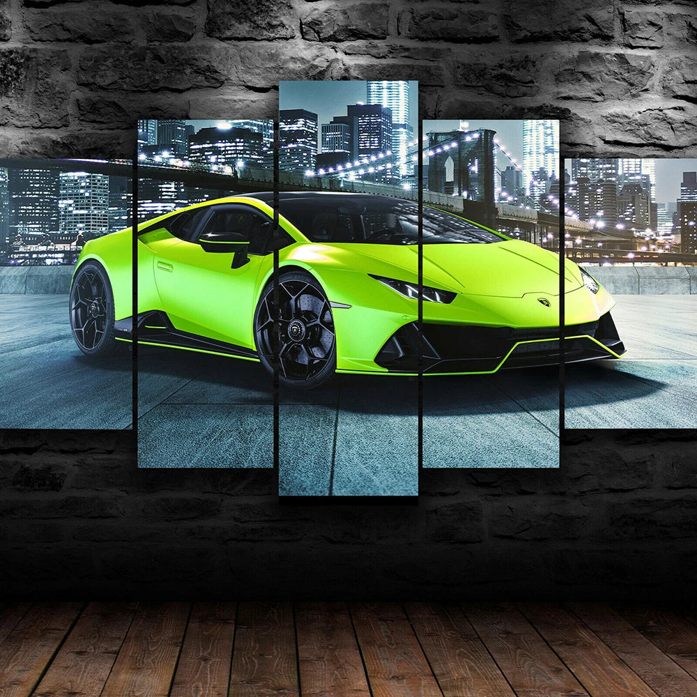 Huracan Green Sport Super Car 5 Panels Painting Canvas Wall Decoration