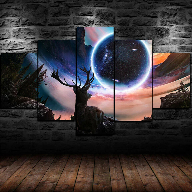 Deer Elk Moose Moon Star Universe Planet 5 Panels Painting Canvas Wall Decoration