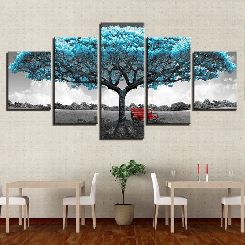 Abatract Blue Tree Landscape 5 Panels Painting Canvas Wall Decoration